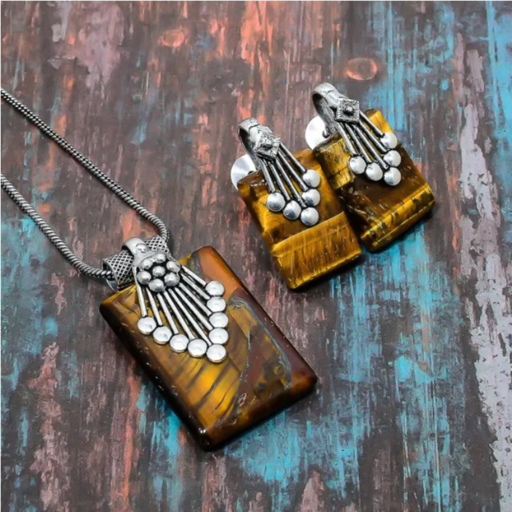 Tiger Eye Gemstone Necklace+Earring Jewelry Set